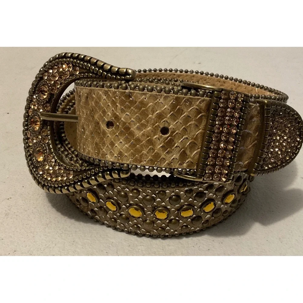 Chicos Womens Snakeskin Studded Rhinestone Western Belt Bronze Gold Buckle Large
